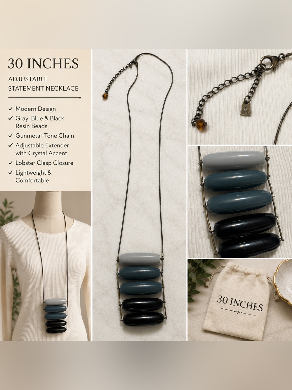 Modern Statement Necklace Gray Blue Resin Beads Gunmetal Chain Adjustable